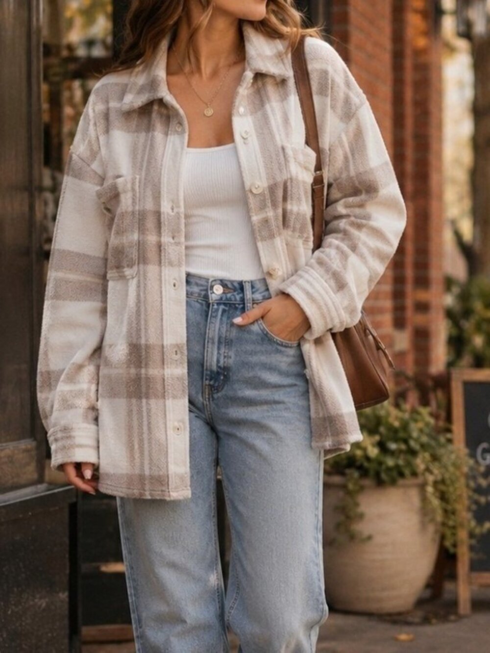 Plaid Shacket Cream Brown, Small